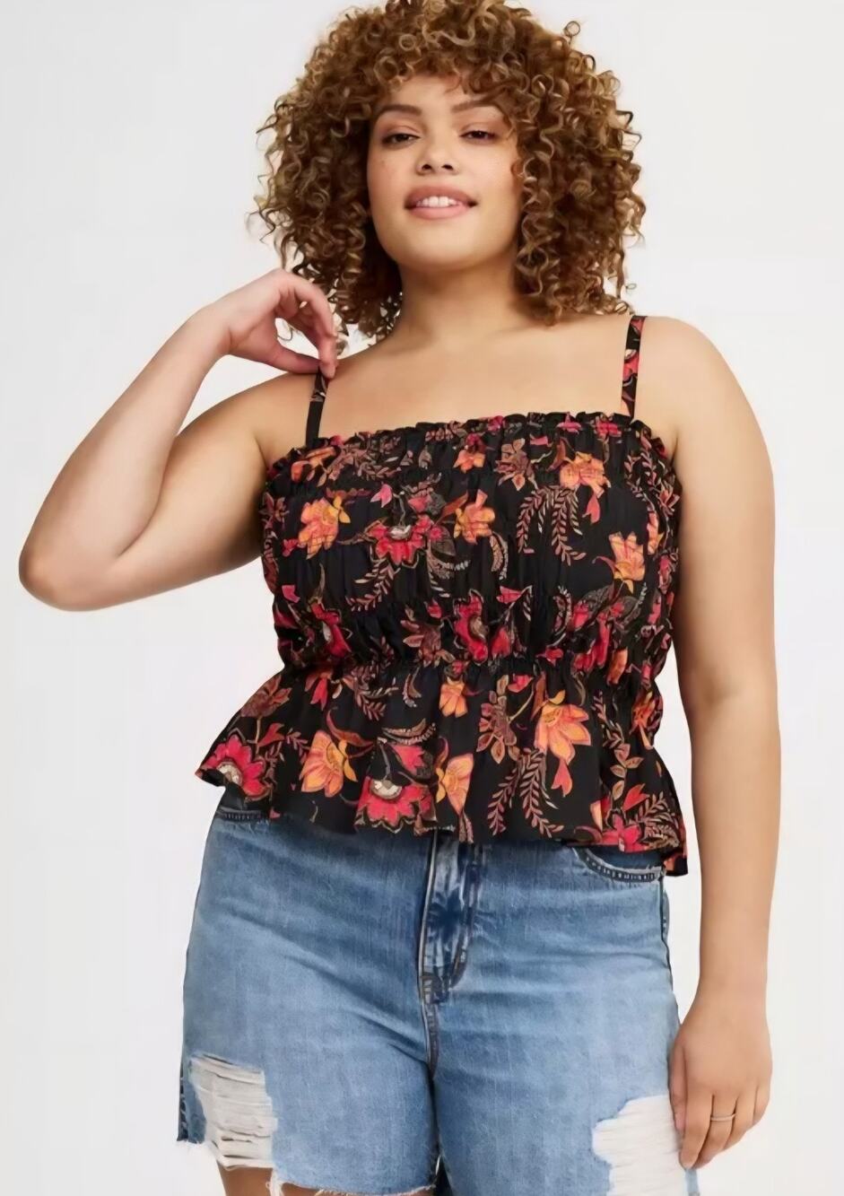 Torrid Women's Size 2X Smocked Peplum Tank Top Loretta Floral Deep Black Blouse